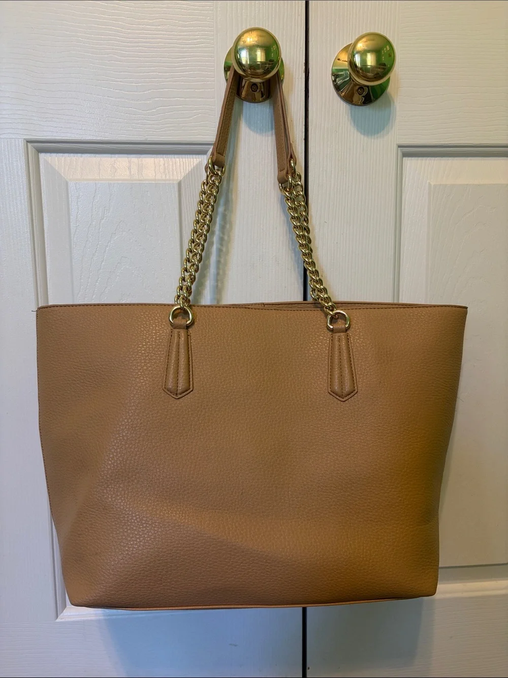Classic Tan Tote Bag with Gold Chain Handles